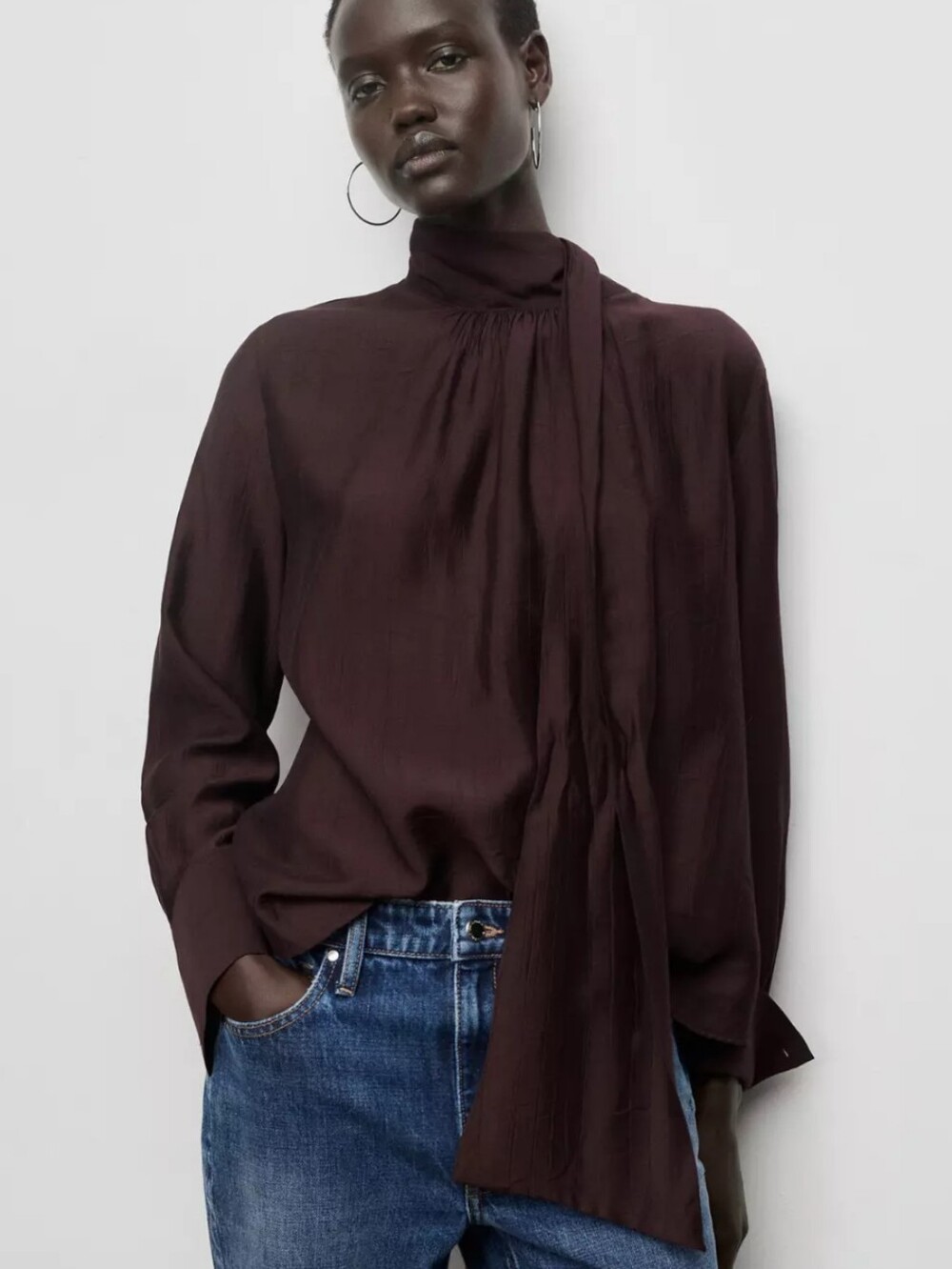 Mango Plum Textured Foulard Blouse with Scarf Tie - Picture 6 of 12